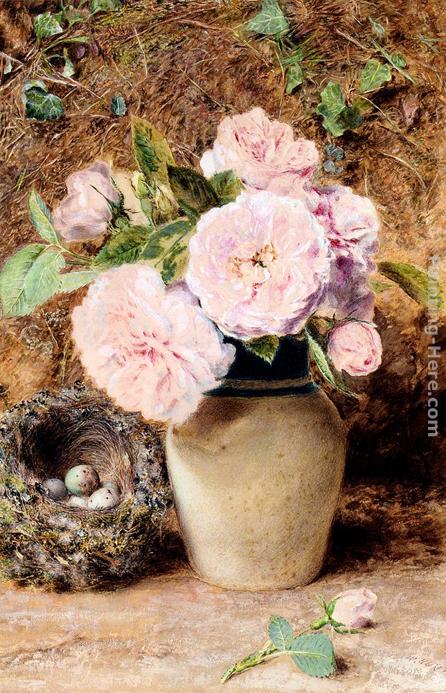 Still Life With Roses In A Vase And A Birds Nest painting - William Henry Hunt Still Life With Roses In A Vase And A Birds Nest art painting
